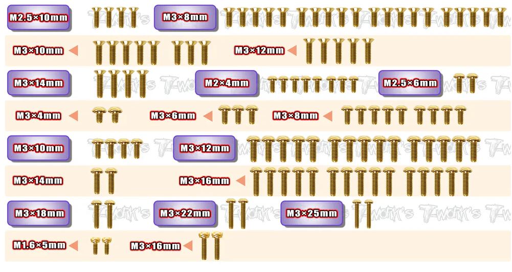 T-Work's Kit complet de Vis Acier Nitride Doré (111 Pcs) B7 GSS-B7