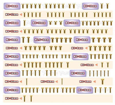 T-Work's Complete Gold Nitride Steel Screw Kit (158Pcs) XB8 2023 GSS-XB8-23