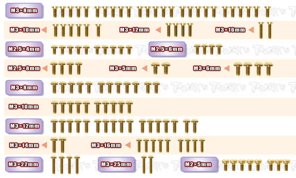 T-Work's Kit complet de Vis Acier Nitride Doré X-Ray XB2 2024 GSS-XB2-24