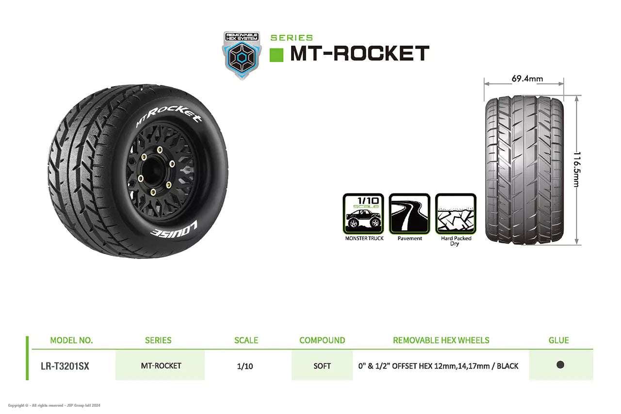 Louise RC 1/10 Mt renkaatRocket + 2.8 LR-T3201SX-vanteet + 2.8 LR-T3201SX-vanteet