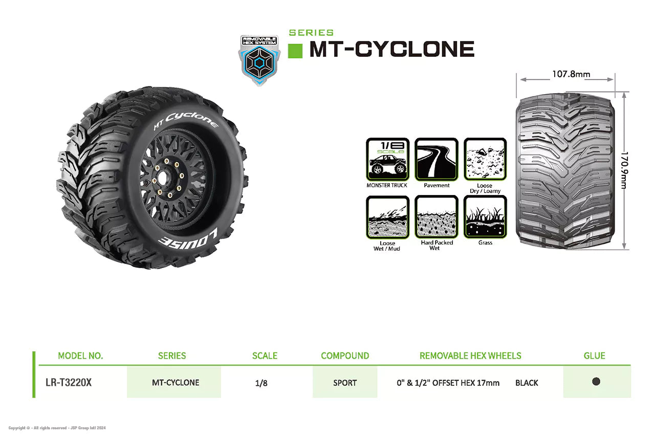 Louise RC 1/8 Mt-Cyclone tires + 3.8 LR-T3220X rims