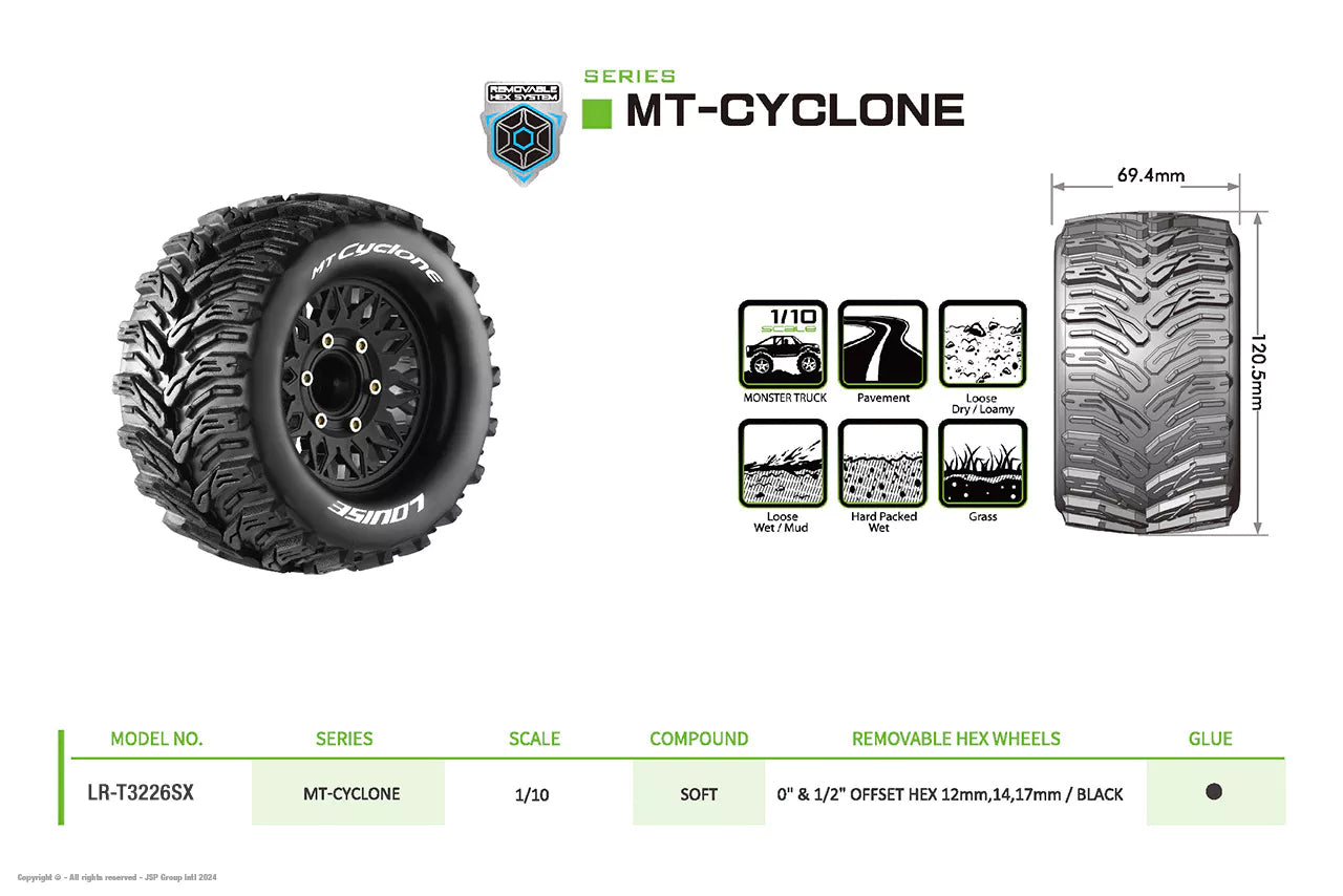 Louise RC 1/10 Mt-Cyclone renkaat + 2.8 LR-T3226SX vanteet.