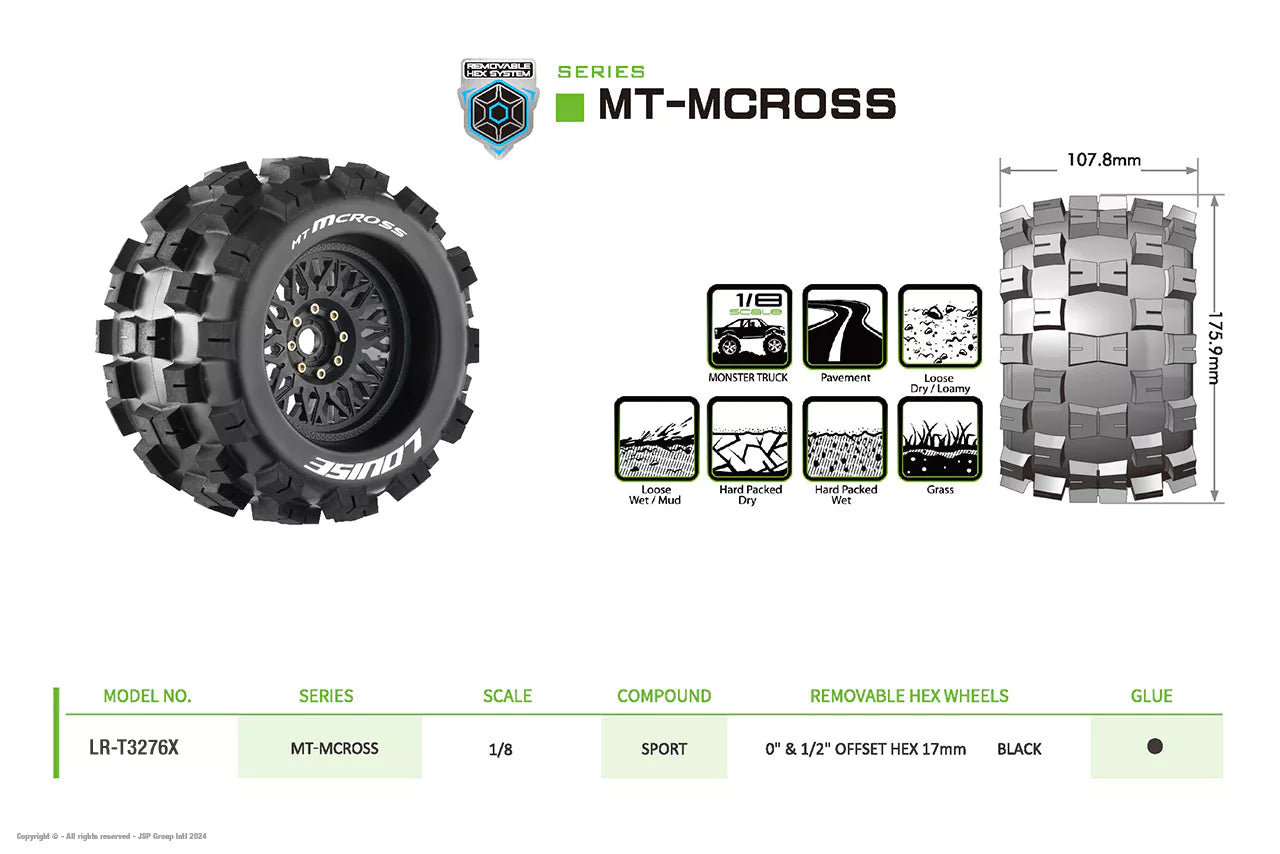 Louise RC 1/8 Mt-Mcross renkaat + 3.8 LR-T3276X vanteet