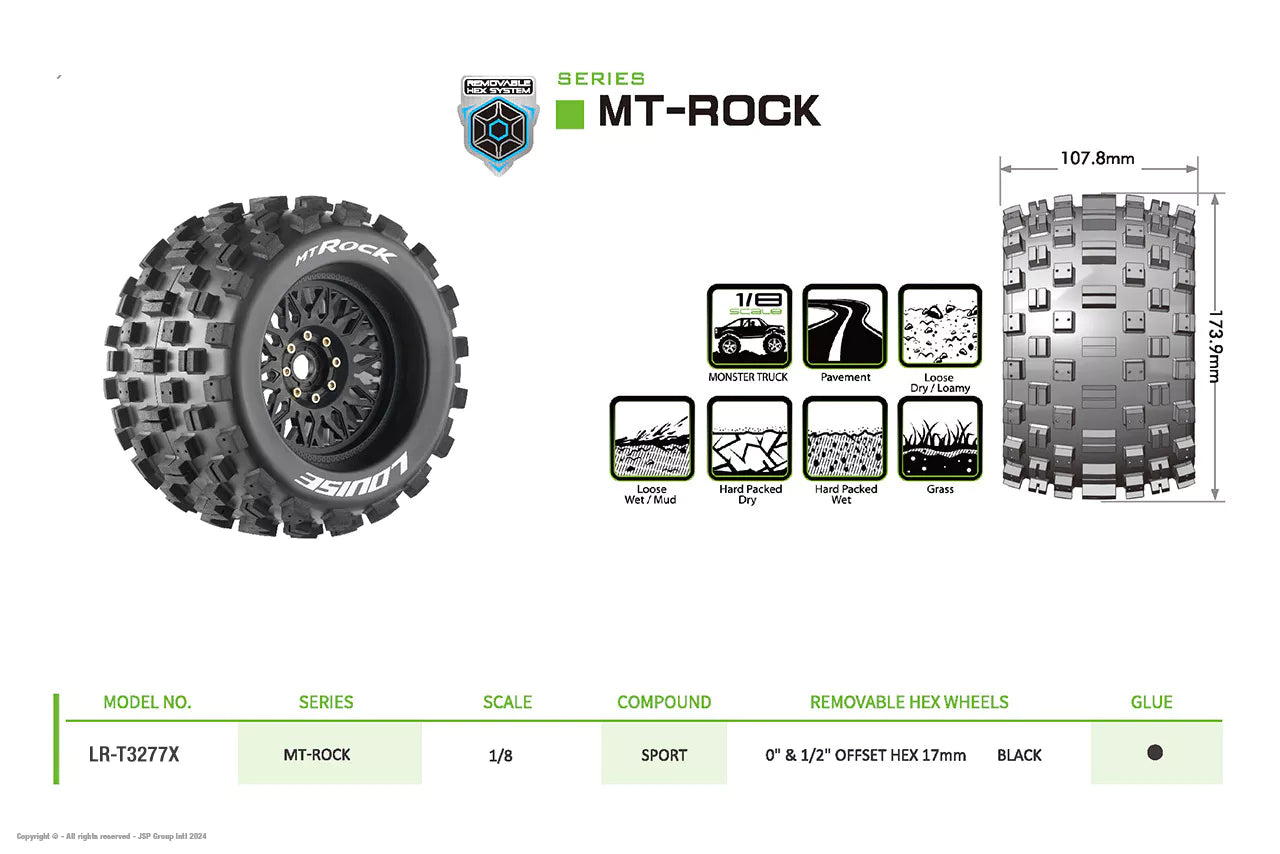 Louise RC Pneumatici Mt-Rock 1/8 + cerchi LR-T3277X 3.8