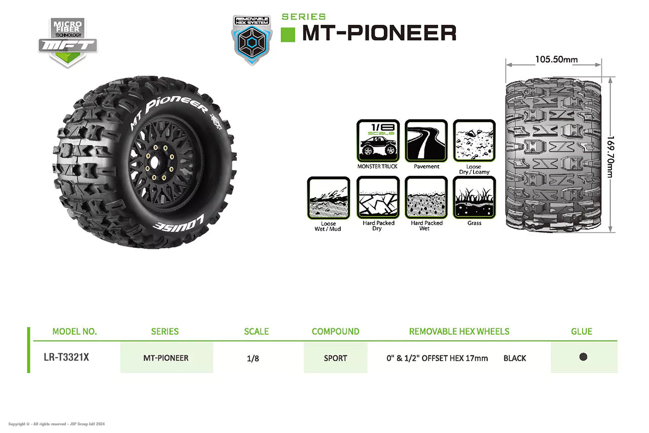 Louise RC Tires 1/8 MFT Mt-Pioneer + 3.8 LR-T3321X rims