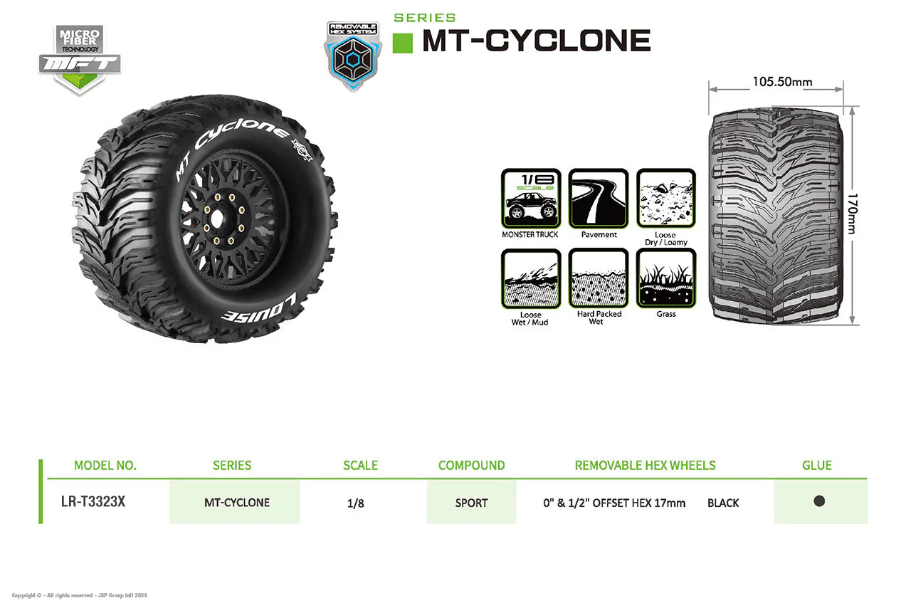 Louise RC Pneus 1/8 MFT Mt-Cyclone + jantes 3.8 LR-T3323X