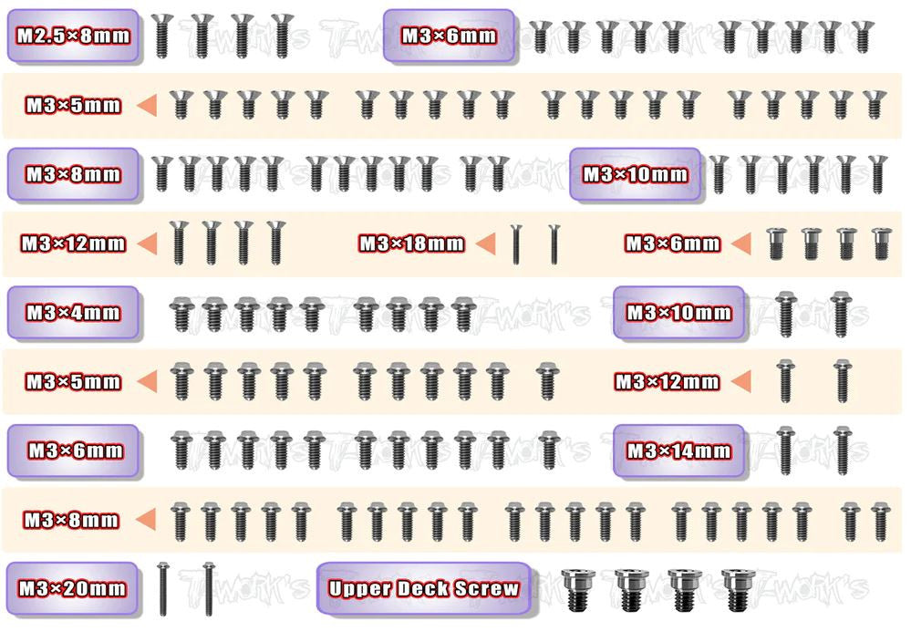 T-Work's Kit complet de Vis Low Profile Titane (127Pcs) X4 TSSU-X4-23-LP